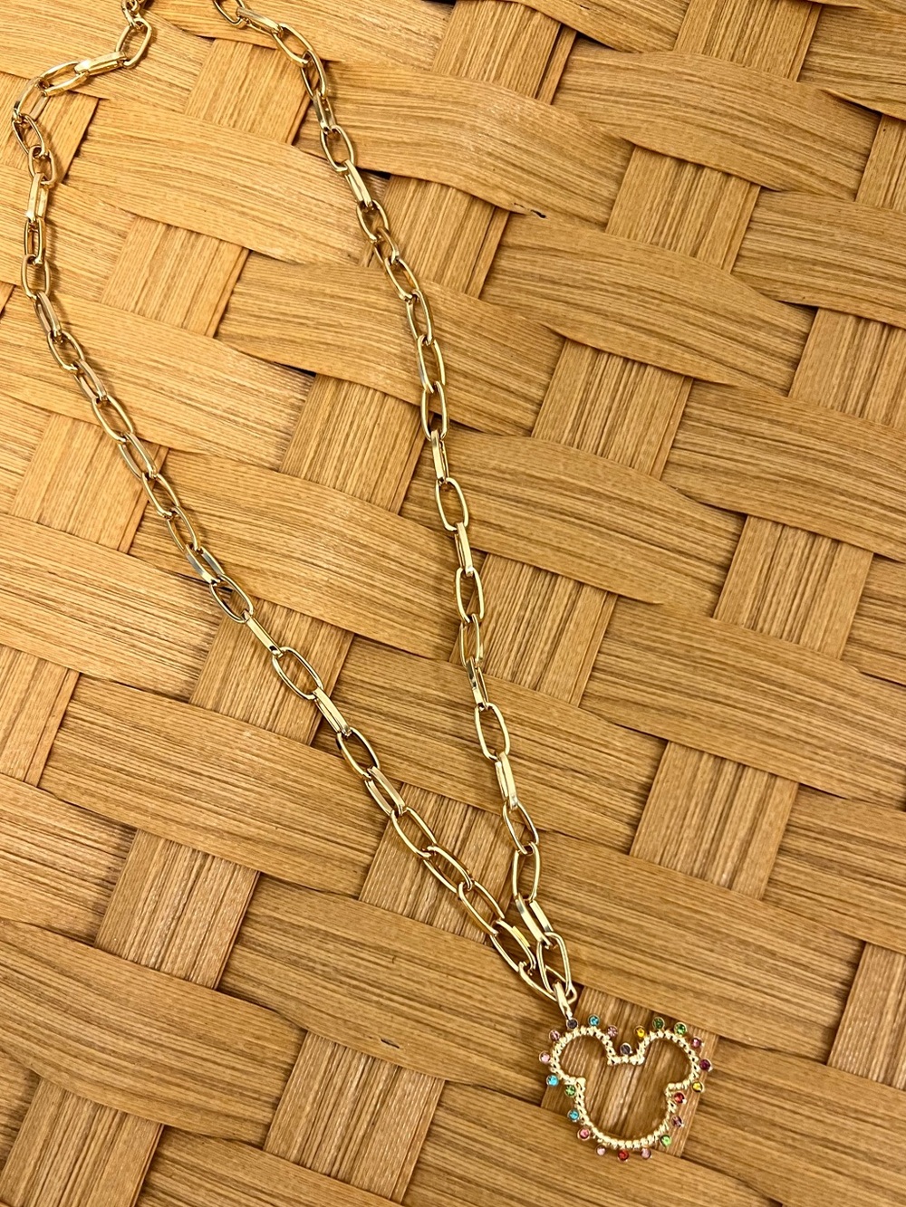 BaubleBar Gold Necklace with Multicolor Stone Mickey Pendant